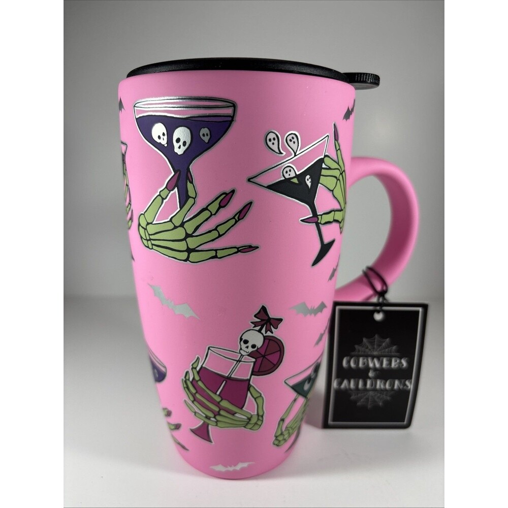 Cobwebs & Cauldrons Halloween Cocktails Bats Travel Mug w/ Lid Matte Finish NEW
